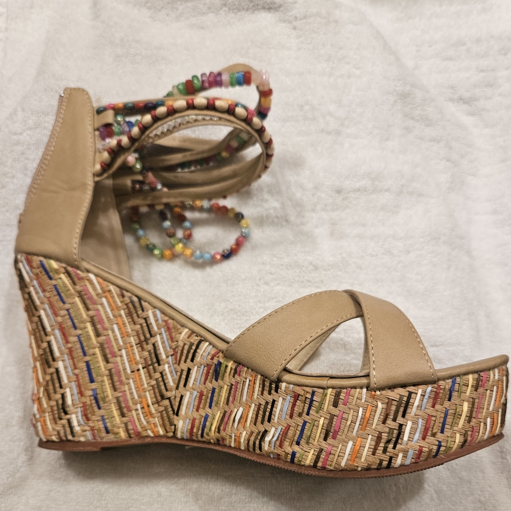 Beaded Tan/Milti Color, Beaded, Platform Wedge Sandals With Matching Bangle